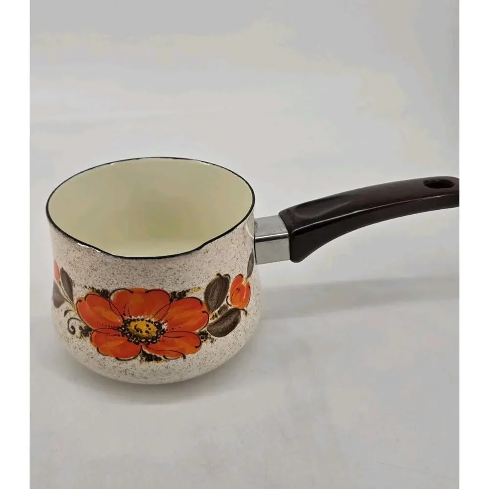 MCM Orange Flower Sanko Ware Pouring Sauce Pan Show Pans Enamel Cookware 1970s